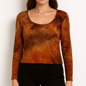 Y2K Bohemian Blouse Size Small Libra Bright Orange Brown Floral  90’s Embroidery